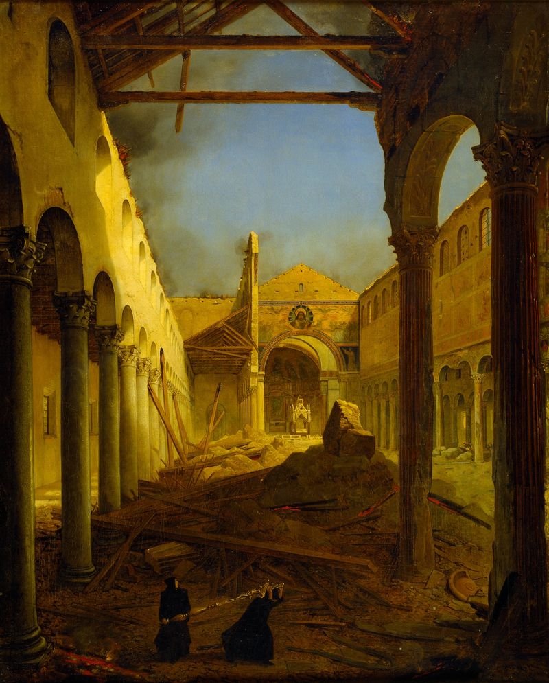La Iglesia de San Paolo Fuori Le Mura, pintura al óleo de Louis Léopold Robert, que muestra ruinas de una iglesia después ...