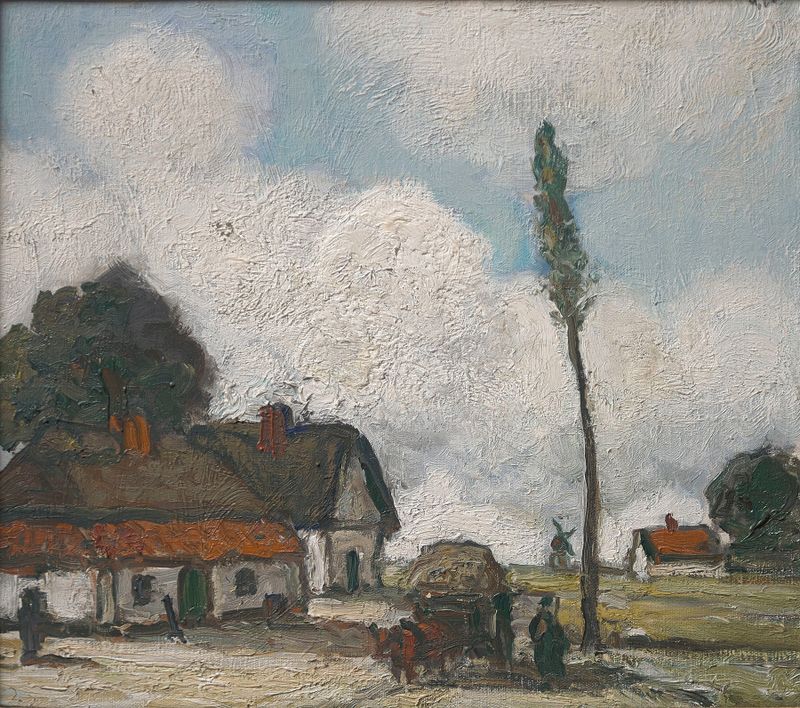 Landscape by Jakob Smits, oil painting depicting a serene horizon with trees and grass.