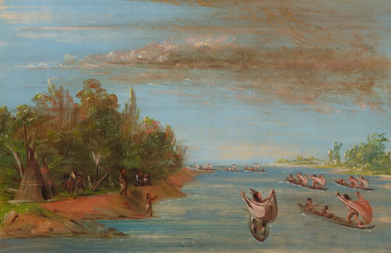 Canoes sailing on water, oil on canvas by George Catlin