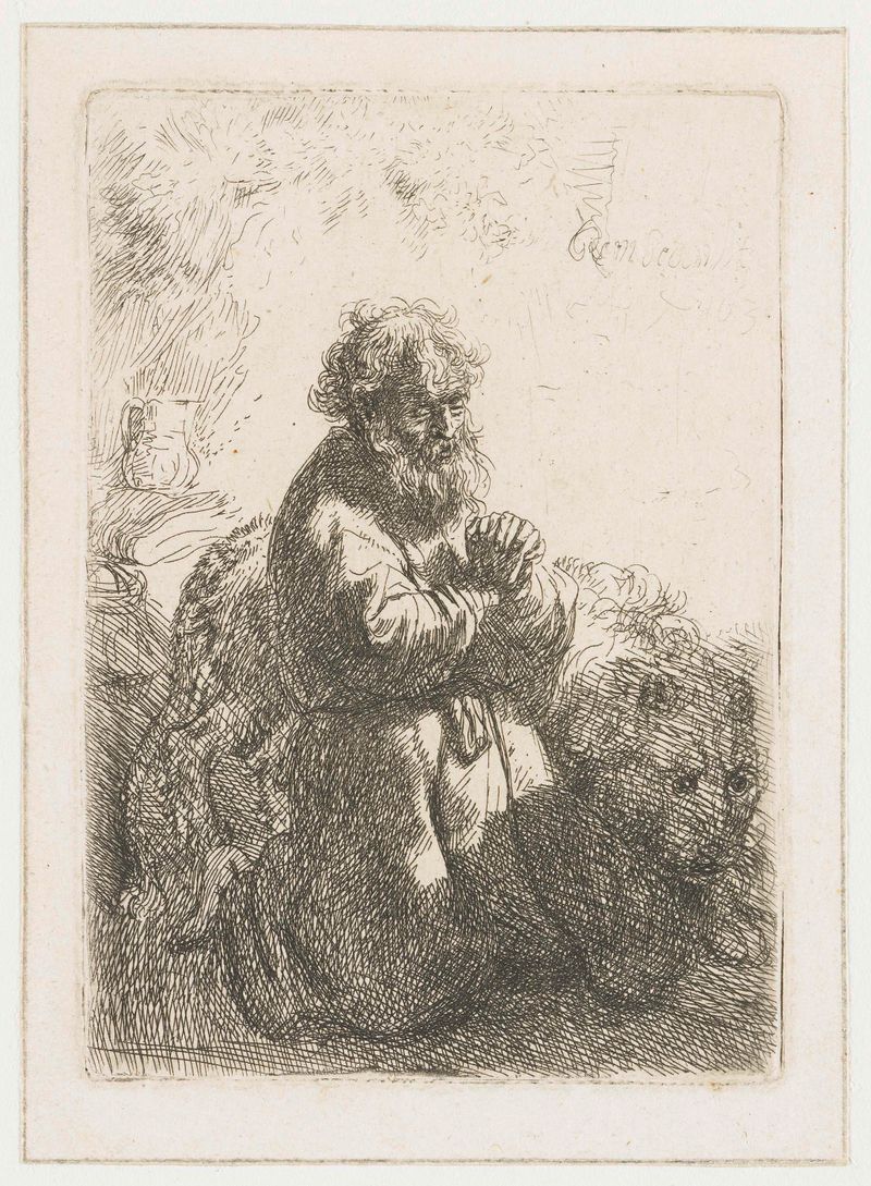 San Jerónimo de rodillas en oración, grabado de Rembrandt van Rijn