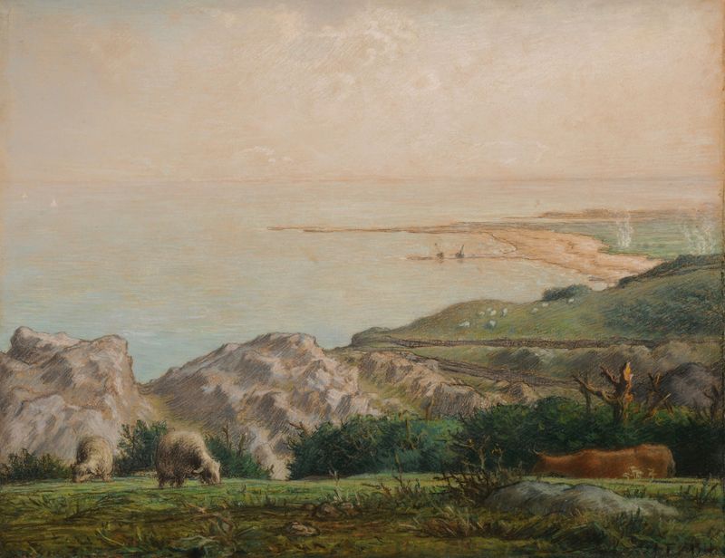La Mer vue du haut de la falaise de Landemer by Jean-François Millet, oil painting depicting cliffs and sea.