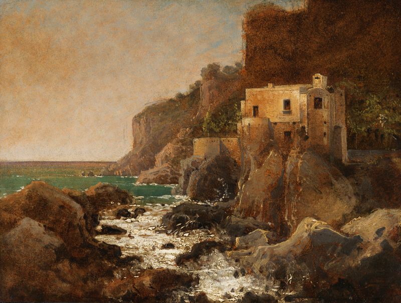 Küste bei Amalfi, pintura al óleo de August Wilhelm Ferdinand Schirmer que representa un paisaje costero con acantilados y...