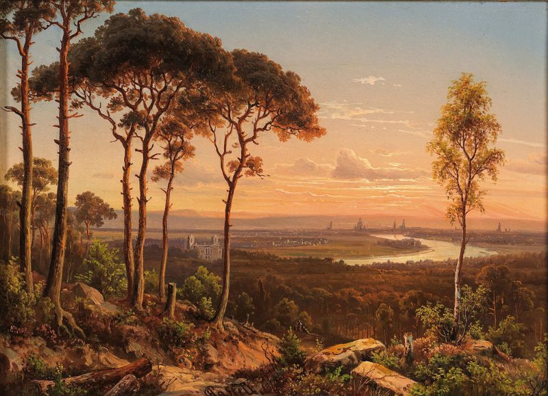 A View of Dresden at Sunset de Johann Anton Castell, pintura al óleo que muestra un paisaje urbano al atardecer.