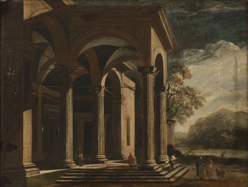 Architectural fantasy, palace in landscape, oil on canvas by Ottavio Viviani