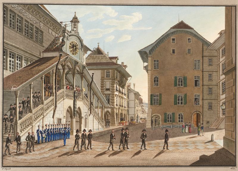 Historical scene outside Hotel de Ville by Franz Schmid