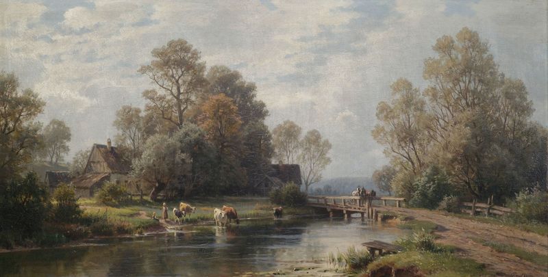 Summer River Landscape near a Farmstead de Paul Weber, pintura al óleo que representa un río y una granja.