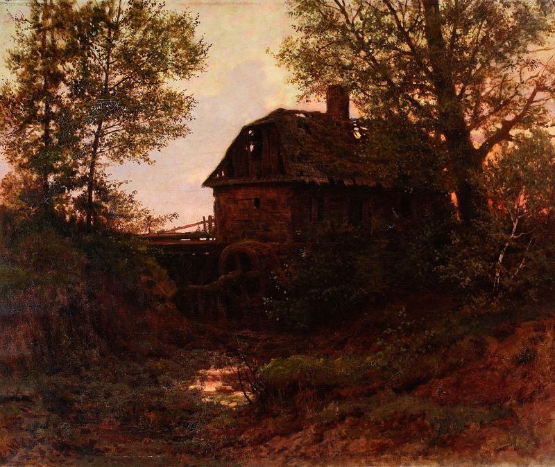 Old Mill de Józef Rapacki, realismo, retratando uma estrutura desgastada em uma paisagem