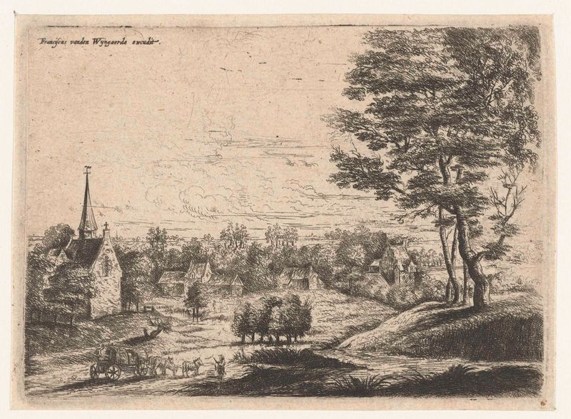 Gravura de Lucas van Uden mostrando uma aldeia com uma carroça coberta.