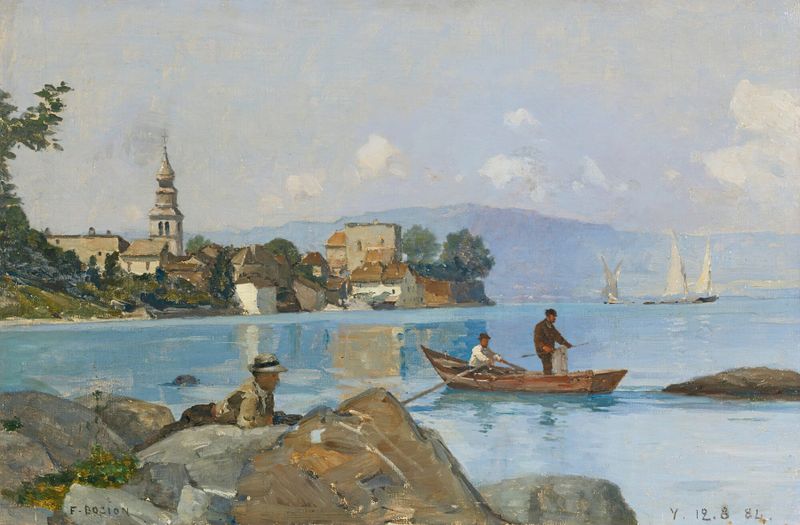 Yvoire by François Bocion, oil on canvas depicting a tranquil lake and village