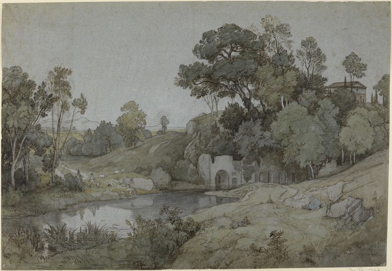 Die Grotte der Egeria, pintura al óleo de Johann Wilhelm Schirmer, que representa una cueva con luz y sombra.