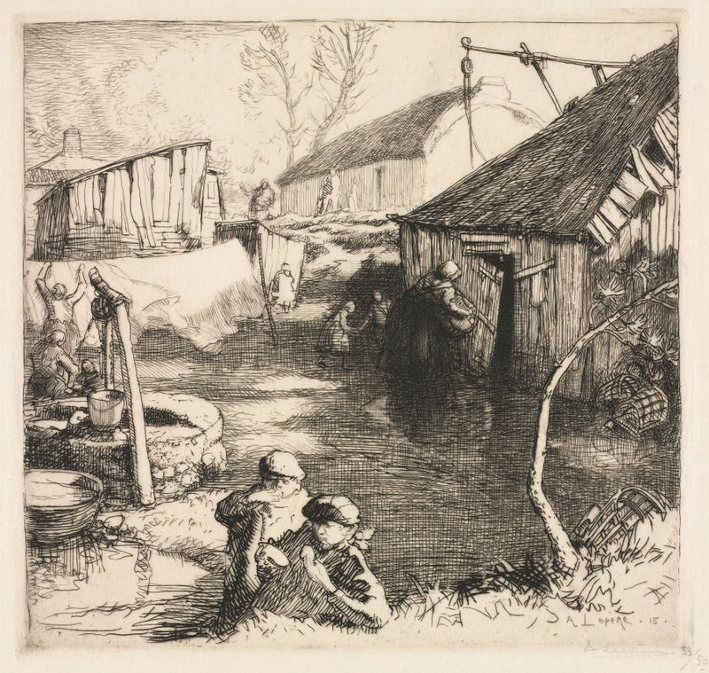 Fishermen’s Quarters de Auguste Louis Lepère, retratando pescadores em um cenário de vila, óleo