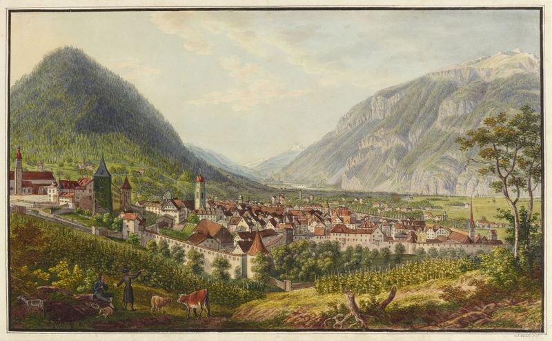 Gravura paisagística de David Alois Schmid mostrando ruínas e decadência.
