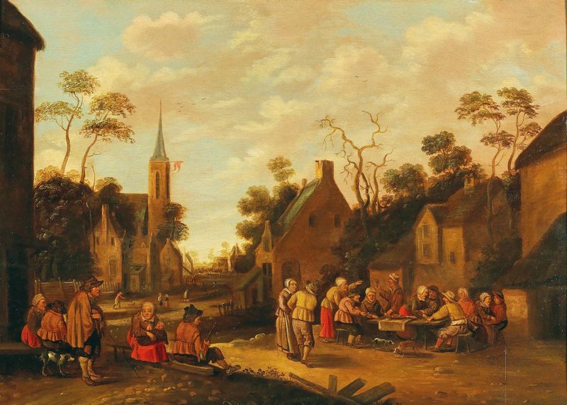 Village scene with peasant festivities, oil on canvas by Joost Cornelisz Droochsloot