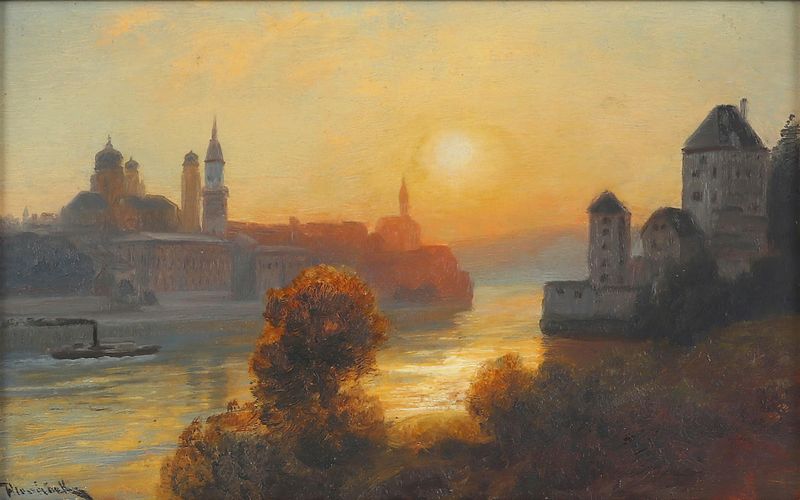 Paisagem ao crepúsculo com um rio e pôr do sol, pintura a óleo de Anton Hlavacek