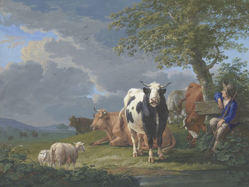 Genre scene depicting a shepherd under a tree with cattle, oil painting by Johann Georg Pforr