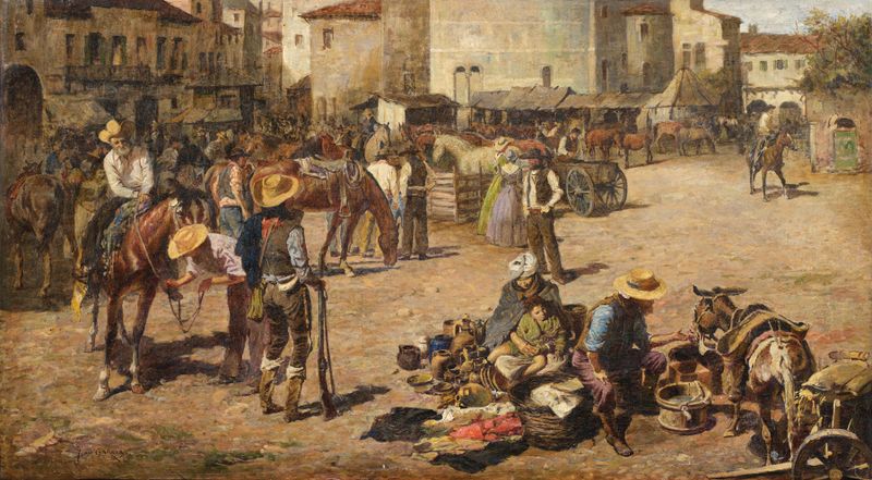 Cena de gênero representando um mercado com cores vibrantes, óleo sobre tela de Juan García