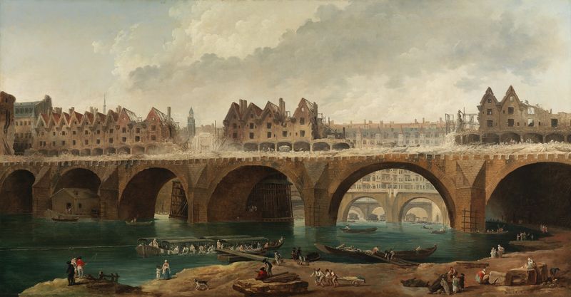 The Demolition of the Houses on the Notre Dame Bridge in Paris by Hubert Robert, oil painting
