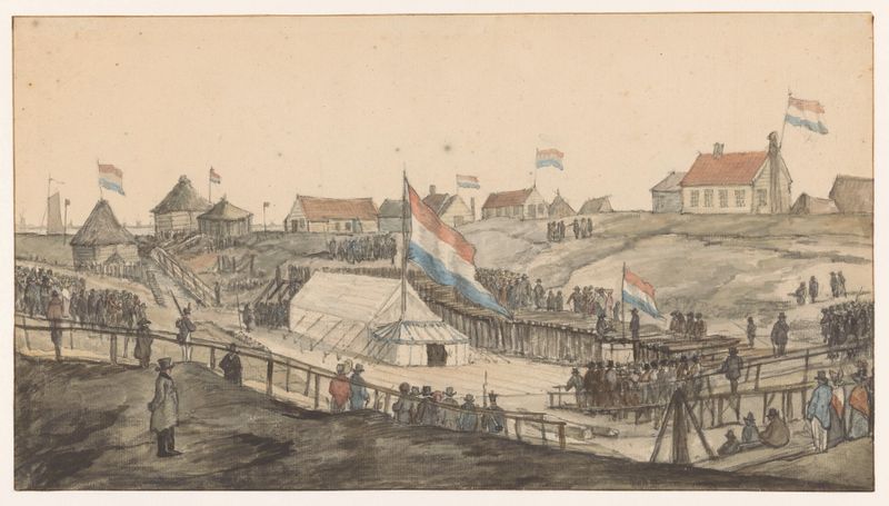 Eerstesteenlegging voor de Willemssluis, oil painting by Gerrit Lamberts depicting a stone bridge and landscape.