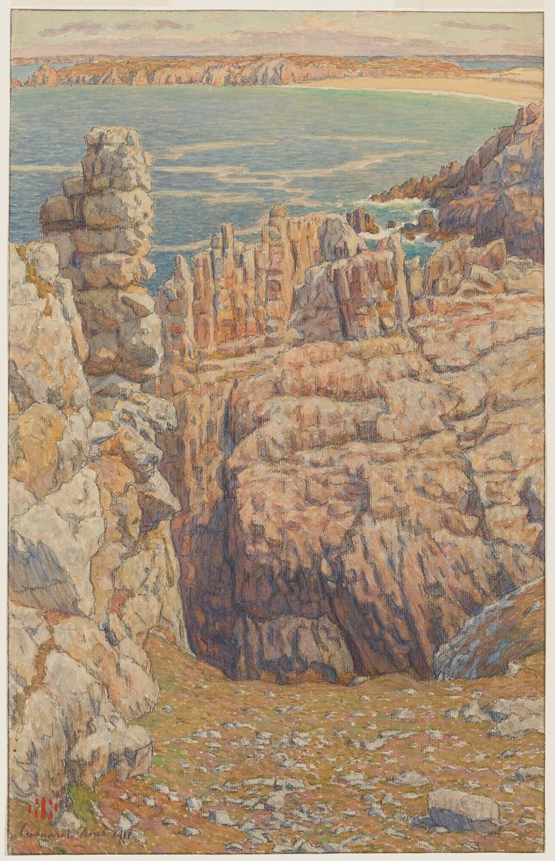 Falaises de Camaret de Henri Rivière, retratando falésias acidentadas e um céu luminoso.