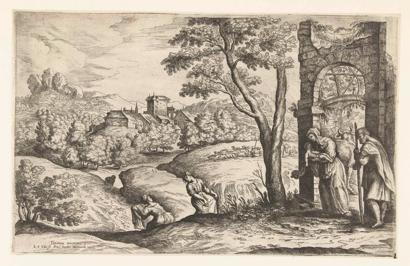Landschap met de heilige familie en twee voedvrouwen, gravura de Lucas van Uden mostrando a Sagrada Família em uma paisage...
