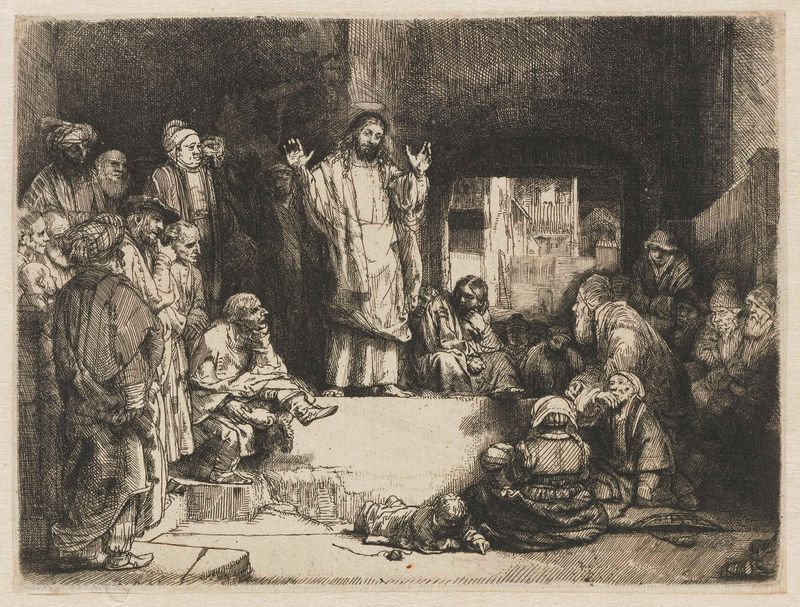 Cristo predicando en luz dorada, grabado de Rembrandt van Rijn
