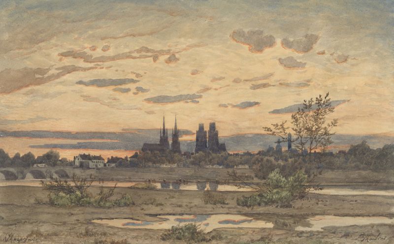 A View of Moulins by Henri-Joseph Harpignies, oil on canvas depicting trees and a serene sky.