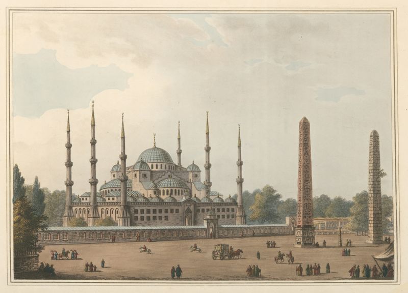 Mezquita de Sultan Achmet de Luigi Mayer, pintura al óleo que representa la arquitectura intrincada de la mezquita.