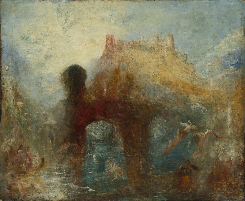 Queen Mab’s Cave de Joseph Mallord William Turner, óleo sobre lienzo que muestra olas turbulentas y luz.