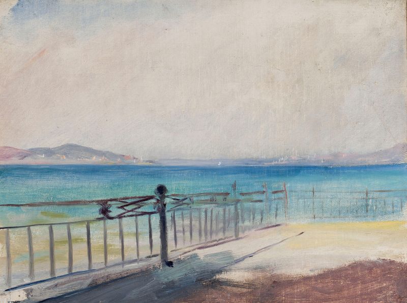 Terrace on the seaside, pintura al óleo de Jan Ciągliński, que presenta un mar turquesa tranquilo y horizonte.