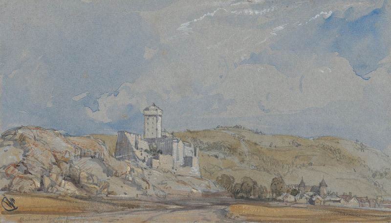 Château de Lourdes de William Callow, pintura a óleo que retrata um castelo à beira de um rio ao crepúsculo.