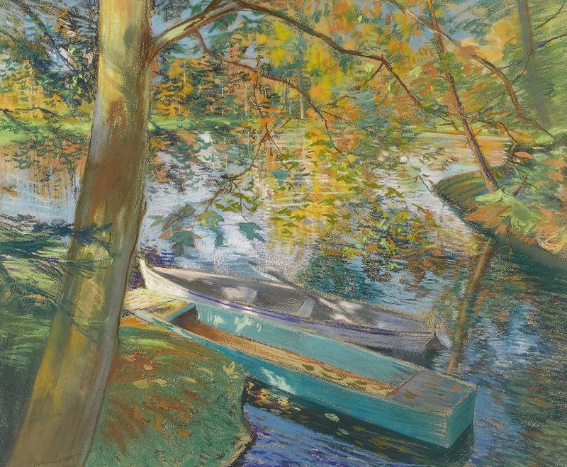 Barques en Automne de Pierre Georges Jeanniot, óleo sobre tela representando barcos em uma paisagem de outono.
