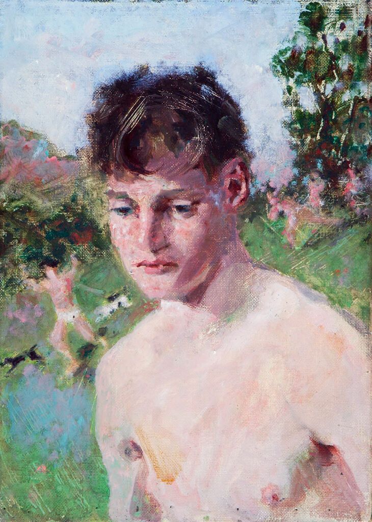 Retrato de um jovem com figuras atrás dele, pintura a óleo de Denman Waldo Ross