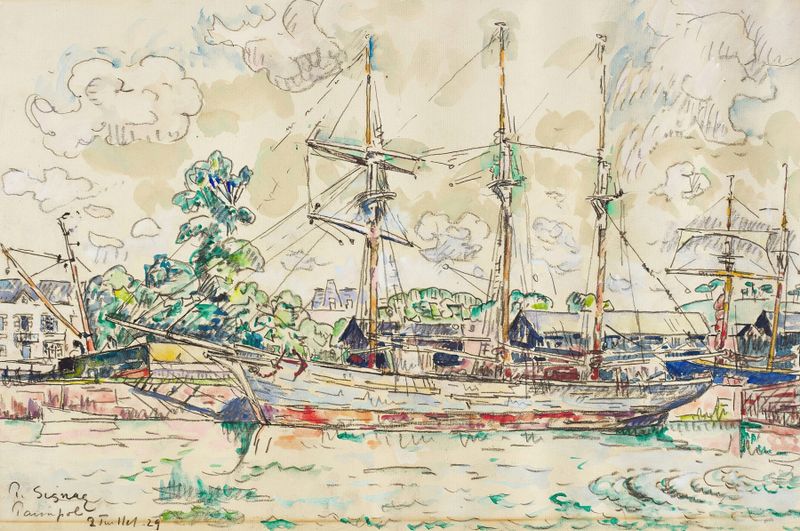 Paimpol de Paul Signac, óleo sobre lienzo que representa un puerto con barcos y tonos azules