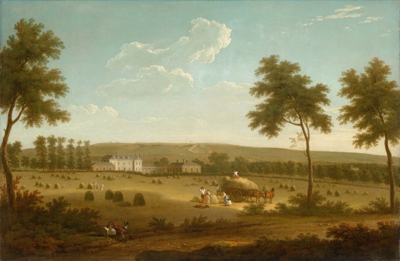 Rococo oil painting by George Lambert depicting Leybourne Grange in a lush landscape