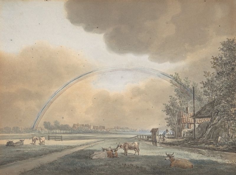 Landscape with a Rainbow over a Farmhouse and Distant Village by Vincent Jansz. van der Vinne, oil painting