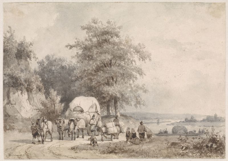 Paisagem com carro de feno de Pierre Louis Dubourcq, pintura a óleo