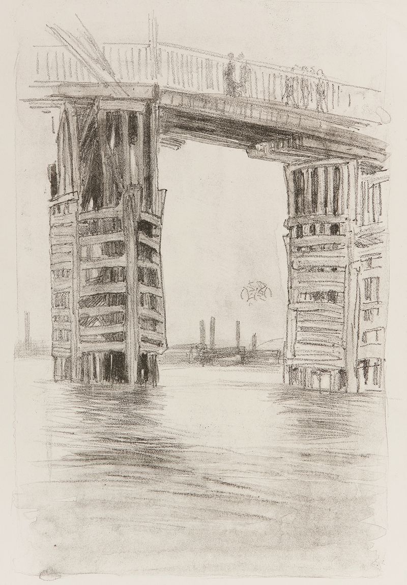 El Puente Alto de James Abbott McNeill Whistler, pintura al óleo que muestra un paisaje brumoso con un puente.