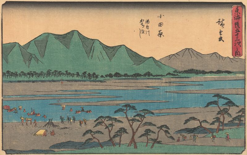 Gravura em madeira de Utagawa Hiroshige retratando uma paisagem com montanhas, rio e nuvens.