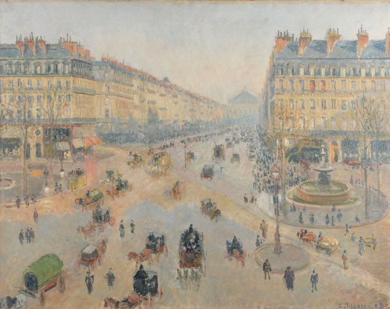 L’Avenue de l’Opéra de Camille Pissarro, óleo sobre tela, retratando pedestres em uma avenida movimentada