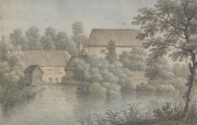 A village pond with farm buildings reflected in the water, oil on canvas by George Lambert