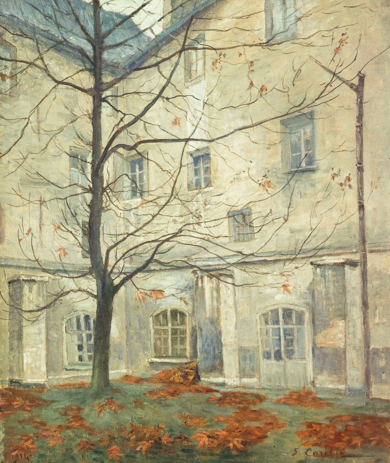 Interior scene of La Cour Lacordaire by Georges-Émile Carette, oil painting