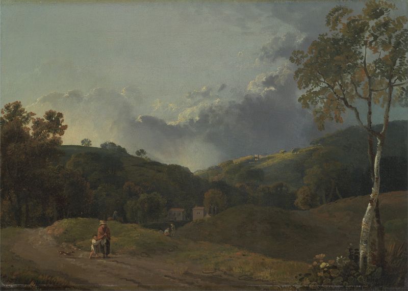 Landscape with Cottagers by George Barret, oil painting depicting cottages and hills under sunlight.