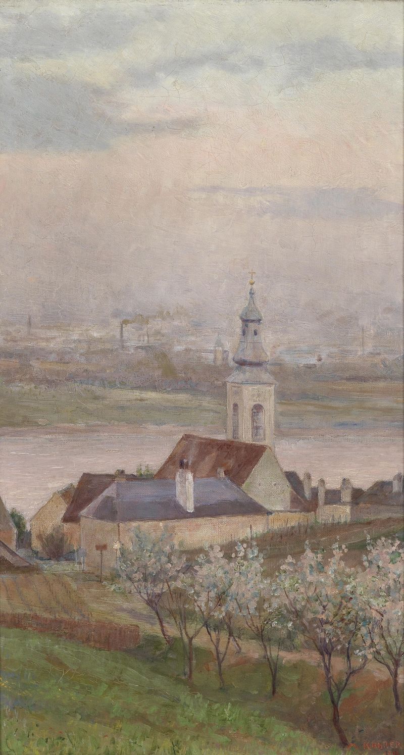 Kahlenberger Dörfl de Max Kahrer, óleo sobre lienzo que muestra un pueblo al anochecer con colinas onduladas.