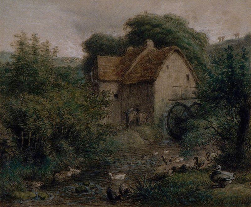 The Old Mill by Jean-François Millet, oil painting of a mill in a landscape with fields and clouds.