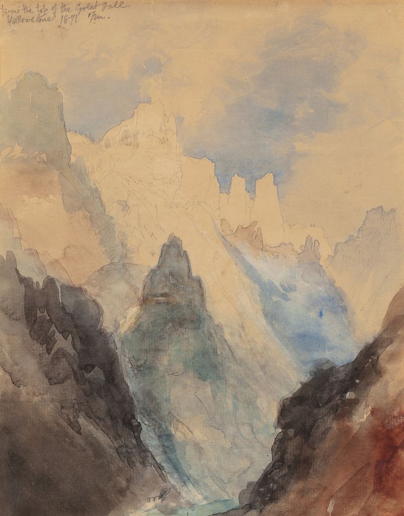 Óleo sobre tela de Thomas Moran retratando uma cachoeira ao pôr do sol