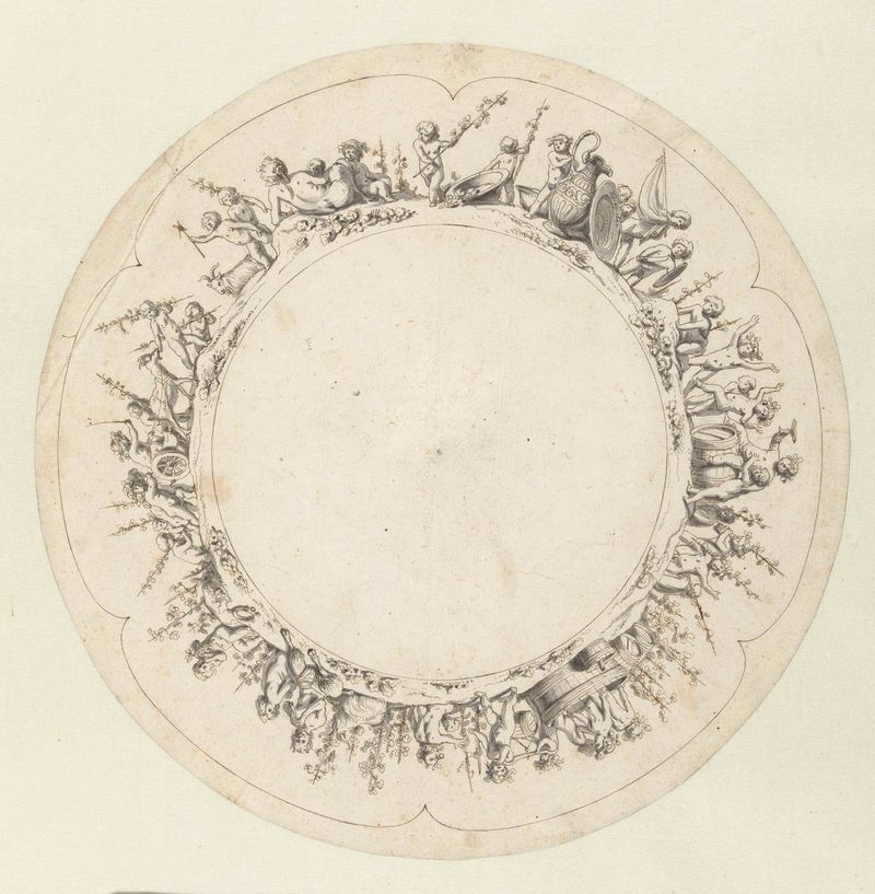 Diseño para un Plato de Plata de Salomon de Bray, con cupidos y sátiros ornamentales.