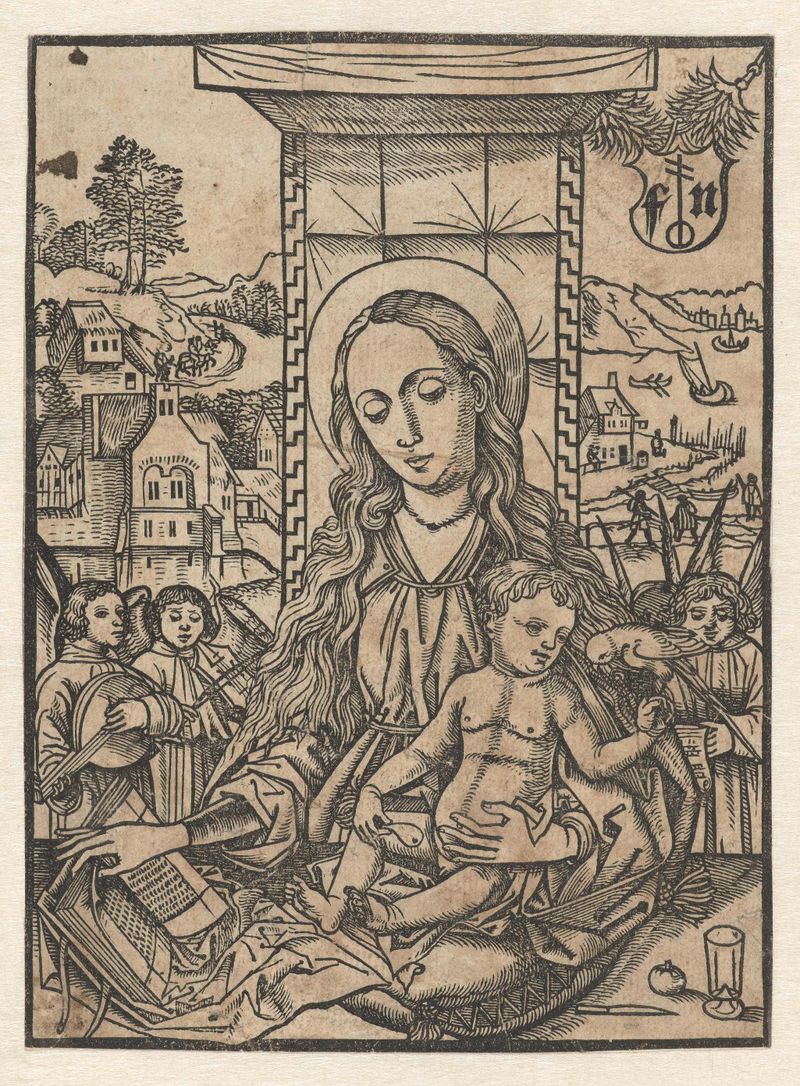 Maria abraza a un niño con un loro en este grabado de Monogrammist FN