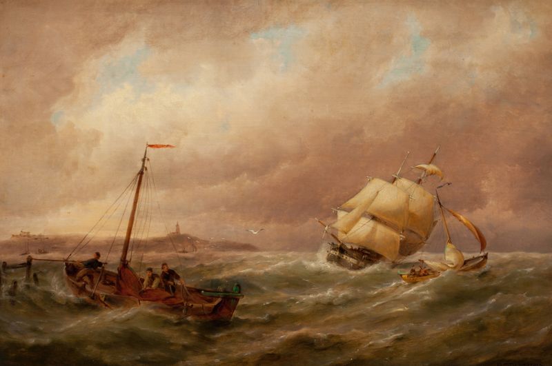 Óleo sobre tela de Pieter Cornelis Dommersen mostrando barcos em um porto com reflexos