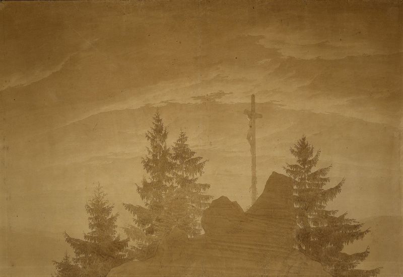 Cross in the Mountains by Caspar David Friedrich, oil on canvas depicting a cross against rugged mountains.