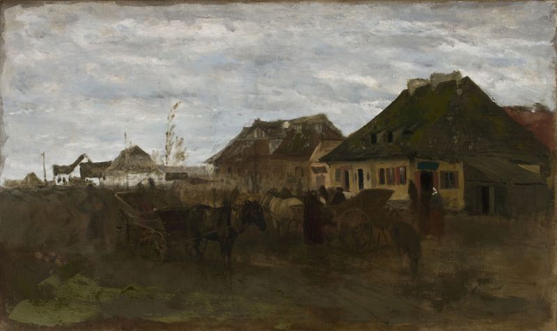 Winter in a small town, sketch I by Maksymilian Gierymski, depicting snow-covered rooftops and people.